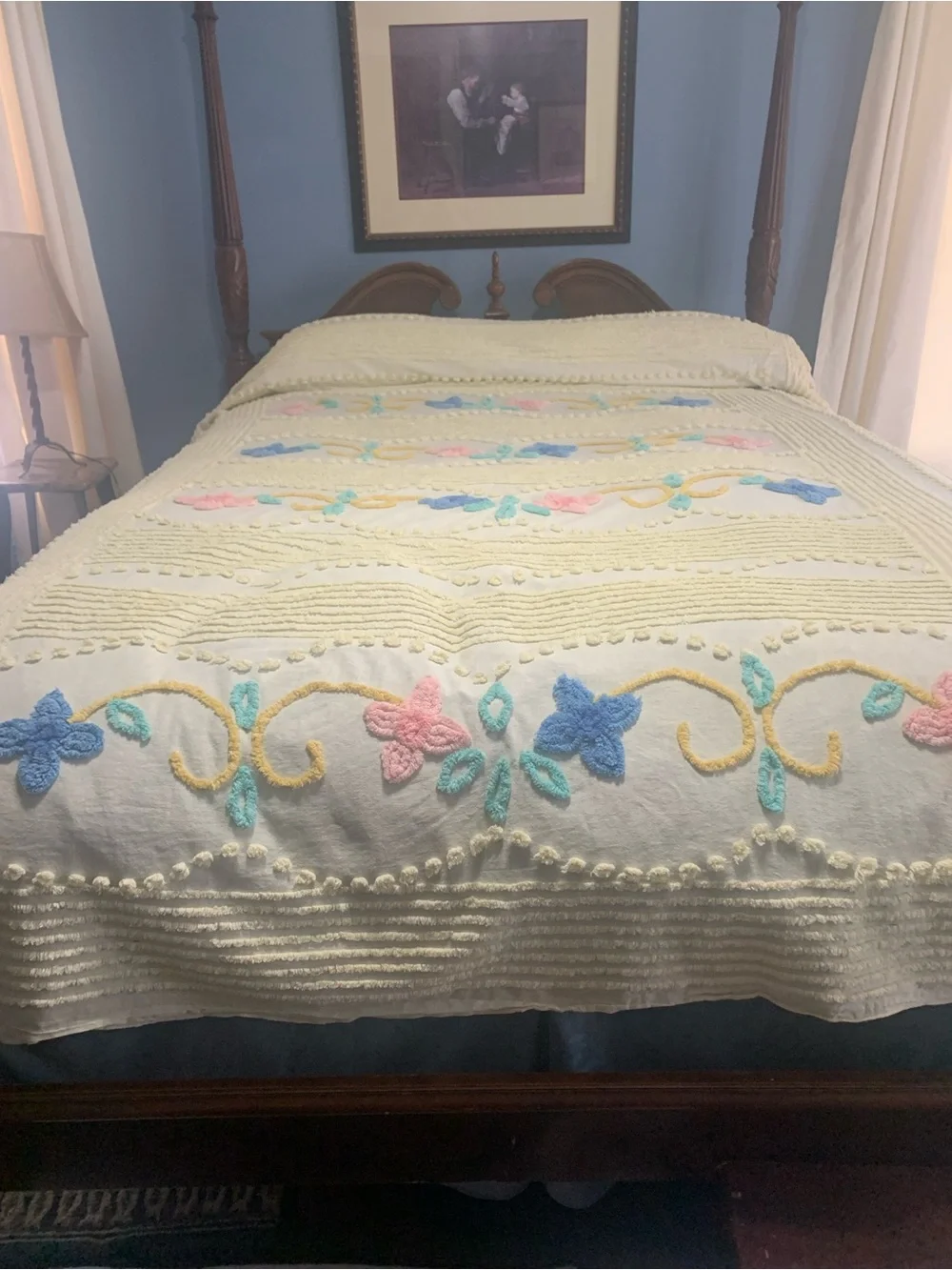 Vintage-Style soft yellow Chenille Bedspread with Pastel Floral Accents